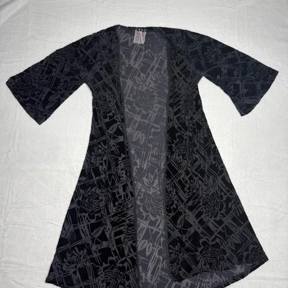 Maeve Anthropologie Velvet Burnout Kimono Cardigan Black Rose Geometric Duster M - Picture 3 of 9